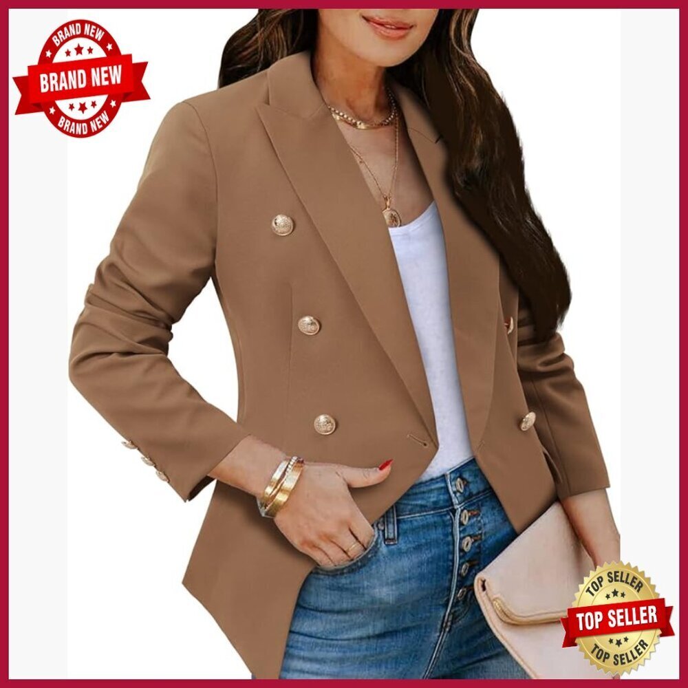Women's Casual Blazer Jacket Long Sleeve Gold Button Work Office